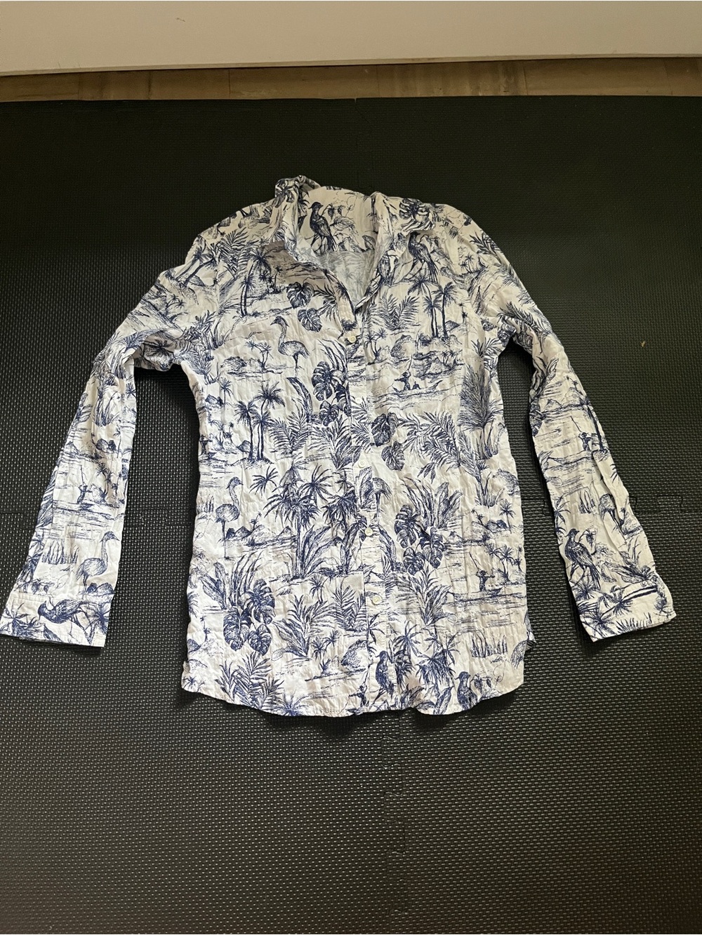 J McLaughlin Navy and White Tropical Print Button-Up Shirt Medium